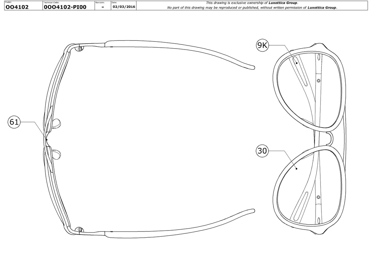 Exploded technical drawing of the Oakley Kickback OO4102 Replacement Parts, with each replacement part numbered
