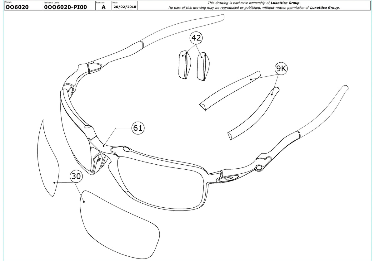 Exploded technical drawing of the Oakley Badman OO6020 Replacement Parts, with each replacement part numbered