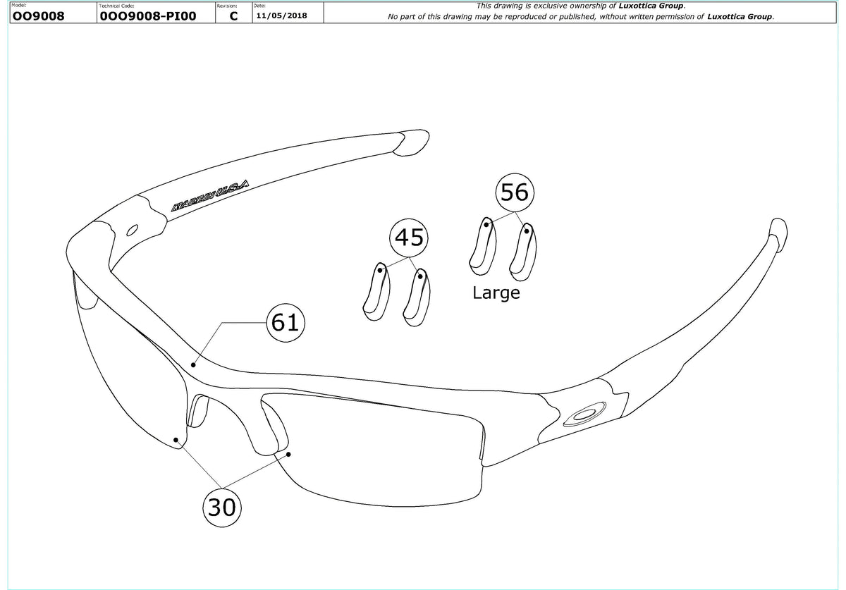 Exploded technical drawing of the Oakley Flak Jacket OO9008 Replacement Parts, with each replacement part numbered
