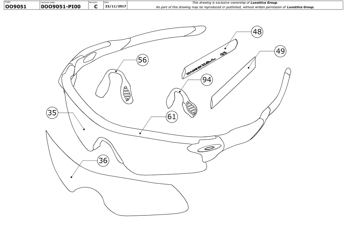 Exploded technical drawing of the Oakley Rader Path OO9051 Replacement Parts, with each replacement part numbered