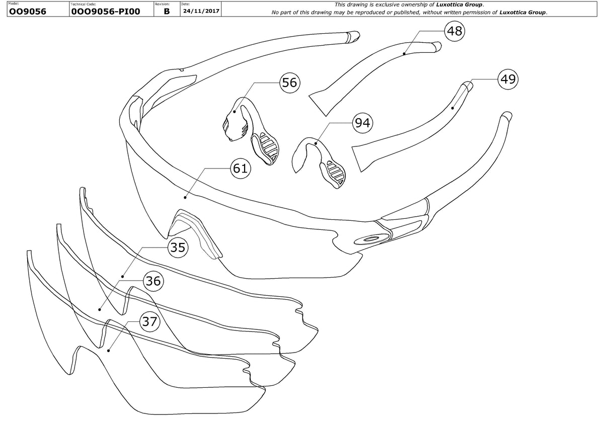 Exploded technical drawing of the Oakley Radar Range OO9056 Replacement Parts, with each replacement part numbered