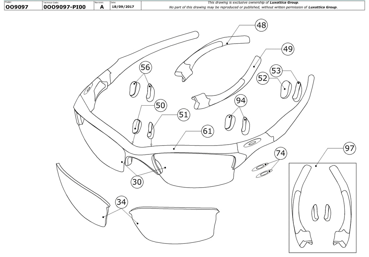 Enlarged technical drawing of the Oakley Fast Jacket OO9097 Replacement Parts