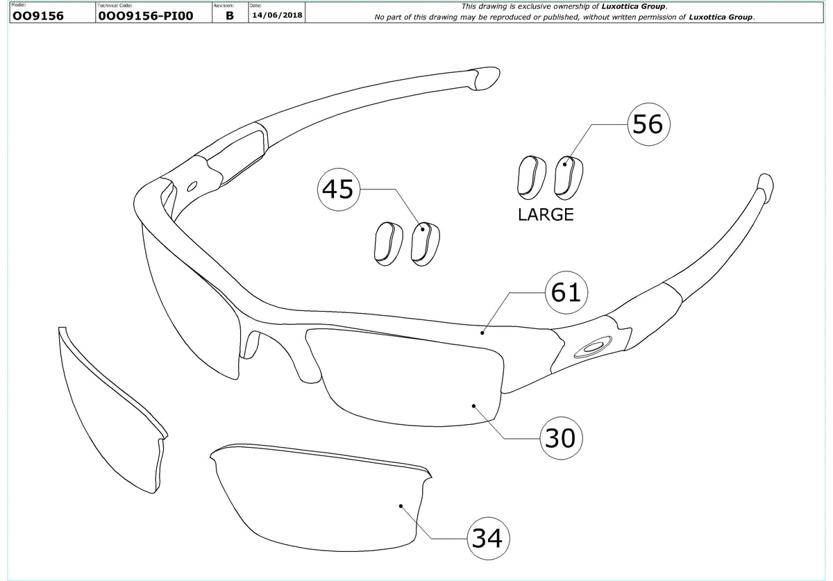 Exploded technical drawing of the Oakley Fast Jacket XL OO9156 Replacement Parts, with each replacement part numbered