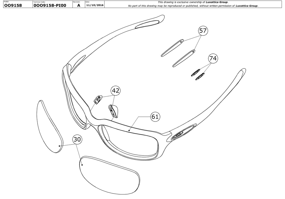 Exploded technical drawing of the Oakley Urgency OO9158 Replacement Parts, with each replacement part numbered