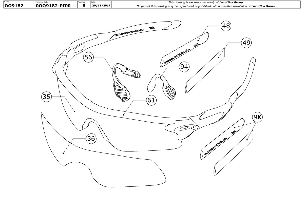 Enlarged technical drawing of the Oakley Radarlock Pitch OO9182 Replacement Parts