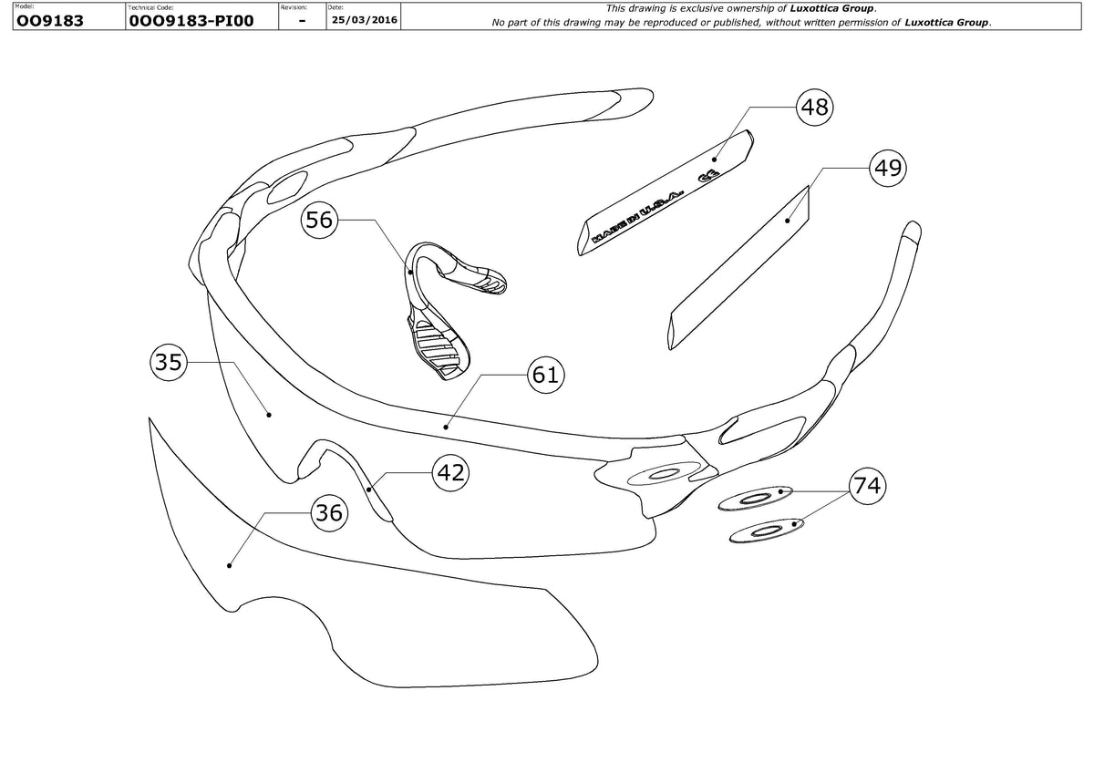 Exploded technical drawing of the Oakley Radarlock Edge OO9183 Replacement Parts, with each replacement part numbered