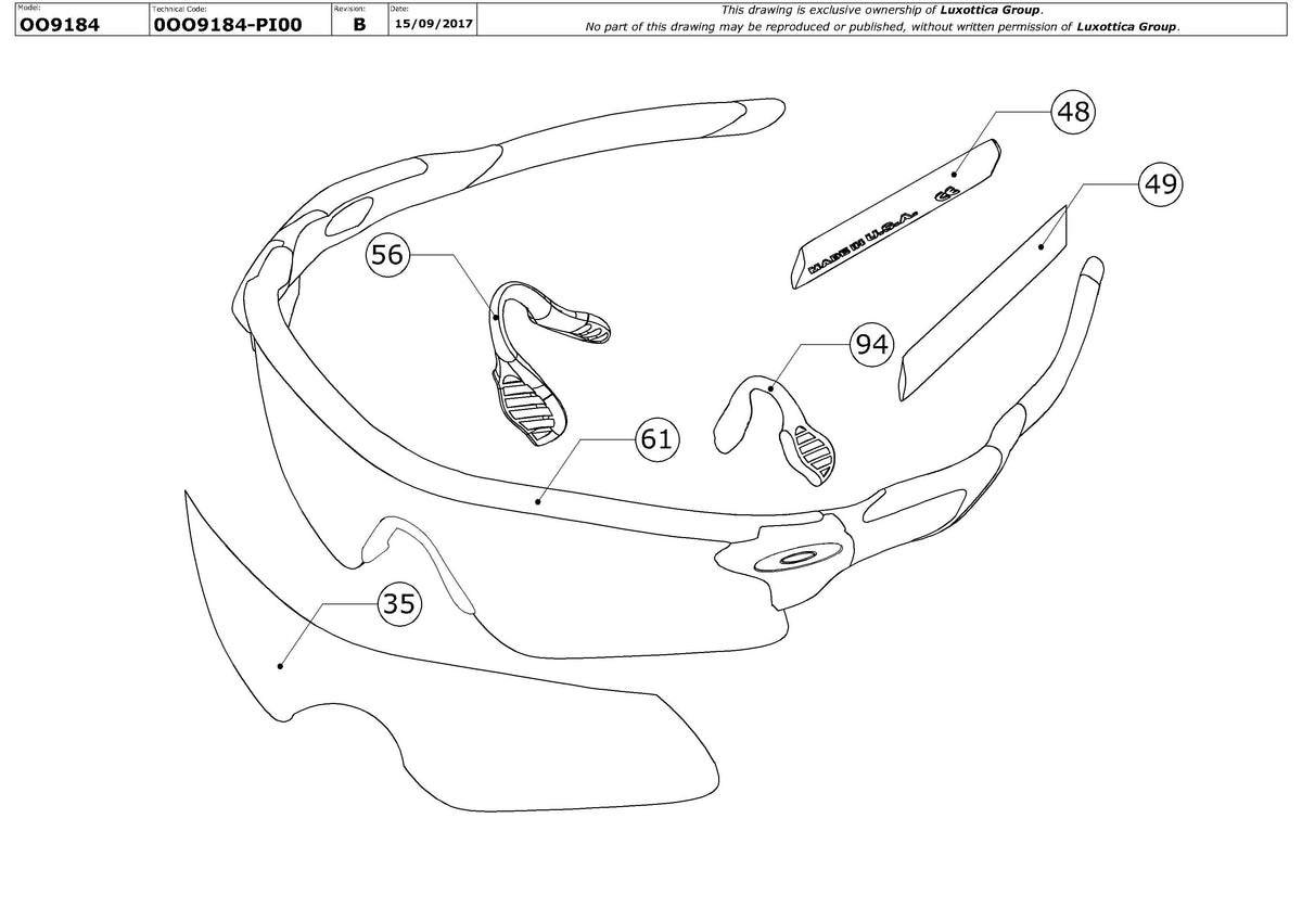 Enlarged technical drawing of the Oakley Radar Edge OO9184 Replacement Parts