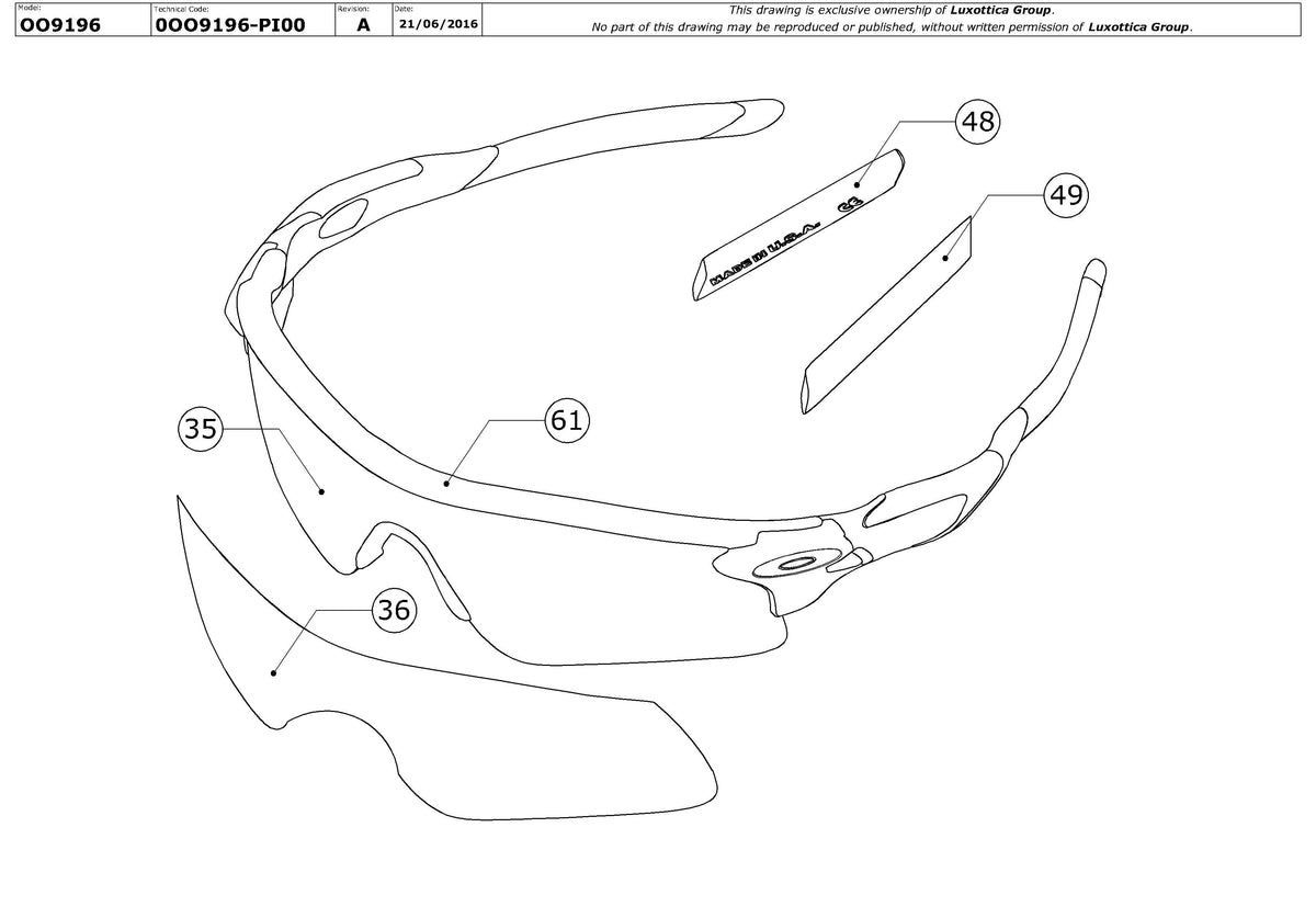 Enlarged technical drawing of the Oakley Radarlock XL Straight OO9196 Replacement Parts