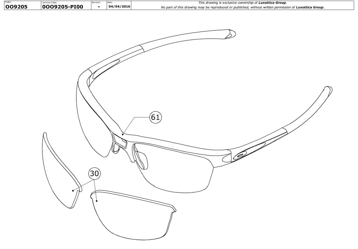 Exploded technical drawing of the Oakley Rpm Squared OO9205 Replacement Parts, with each replacement part numbered