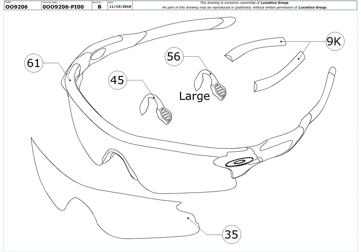 Enlarged technical drawing of the Oakley Radarlock Path (A) OO9206 Replacement Parts