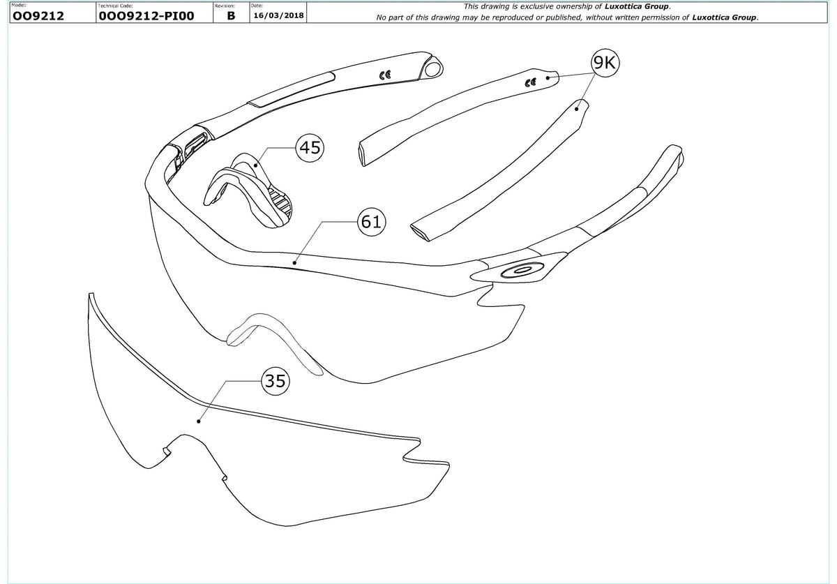 Exploded technical drawing of the Oakley M2 Frame OO9212 Replacement Parts, with each replacement part numbered