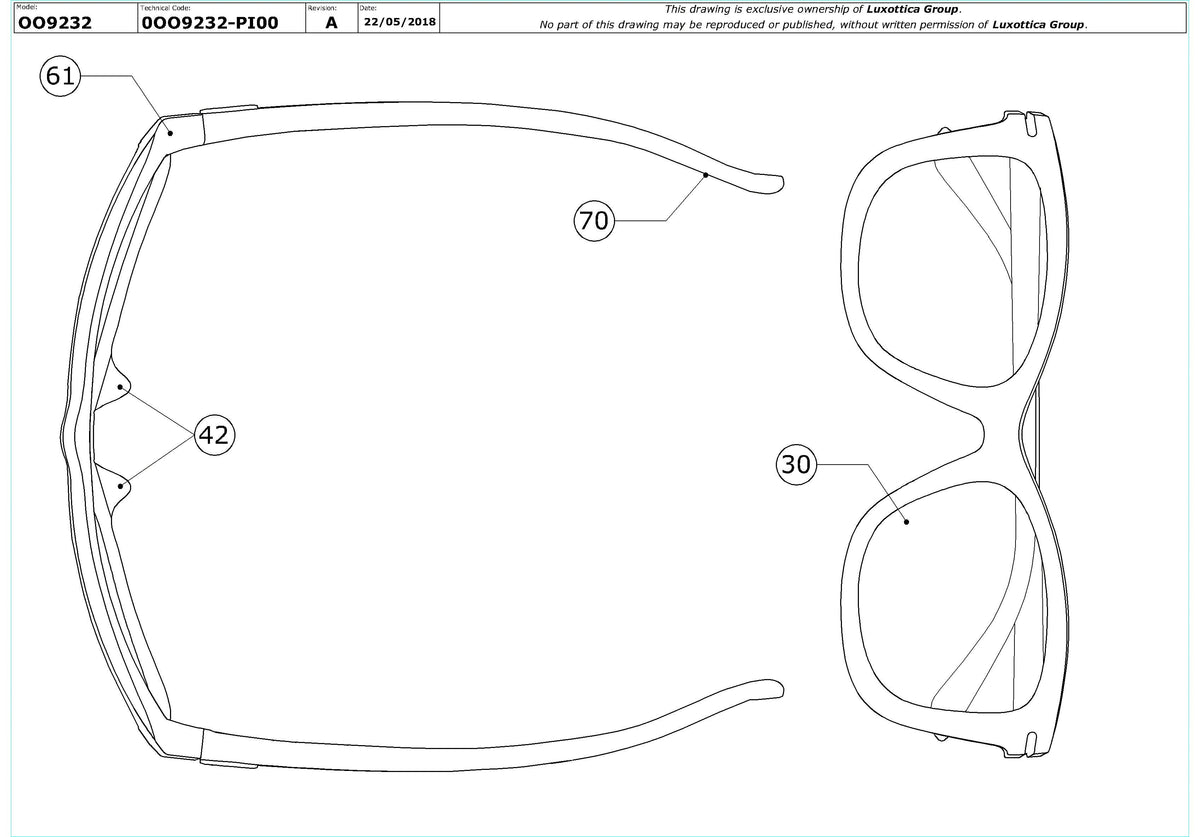 Exploded technical drawing of the Oakley Drop In OO9232 Replacement Parts, with each replacement part numbered