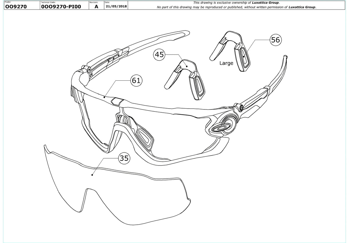 Exploded technical drawing of the Oakley Jawbreaker (A) OO9270 Replacement Parts, with each replacement part numbered