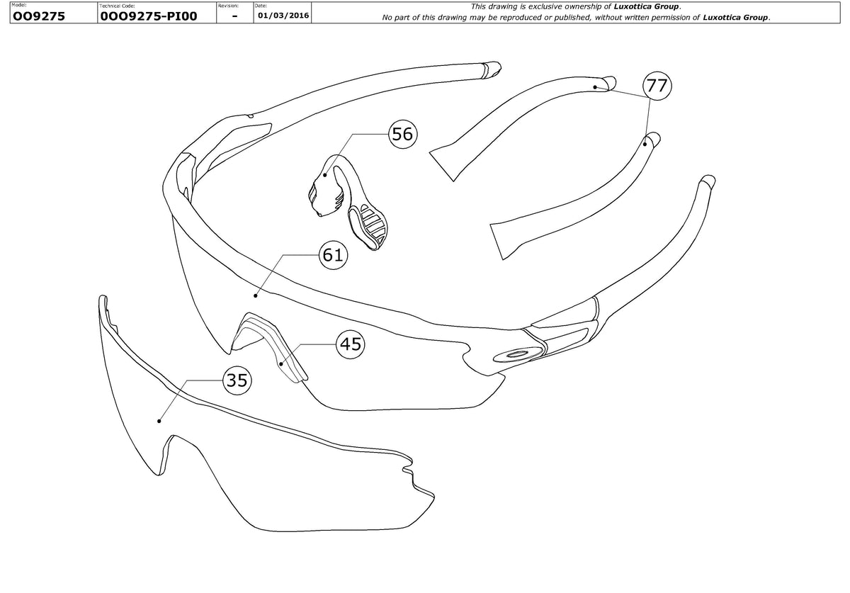Exploded technical drawing of the Oakley Radar EV (A) OO9275 Replacement Parts, with each replacement part numbered