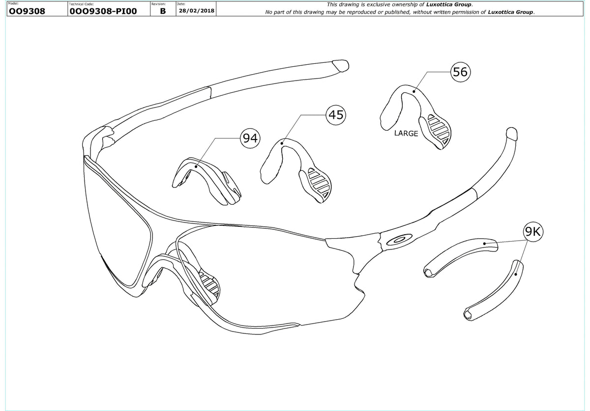 Exploded technical drawing of the Oakley Evzero Path OO9308 Replacement Parts, with each replacement part numbered