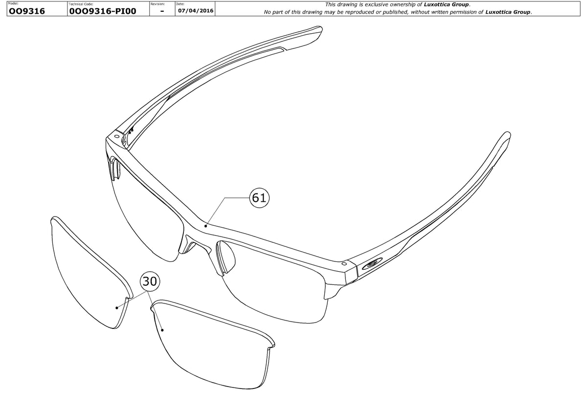 Enlarged technical drawing of the Oakley Thinlink OO9316 Replacement Parts