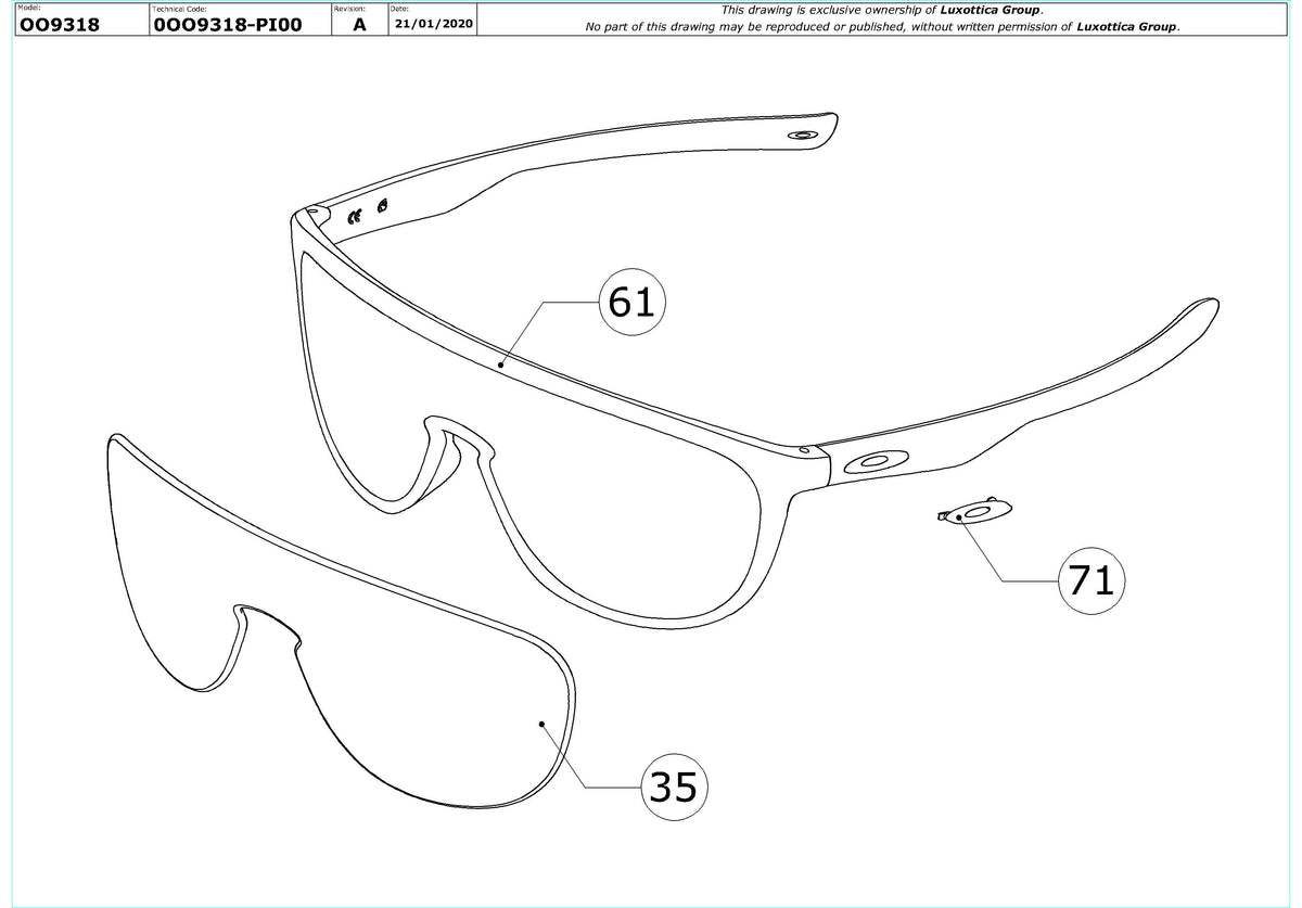 Exploded technical drawing of the Oakley Trillbe OO9318 Replacement Parts, with each replacement part numbered