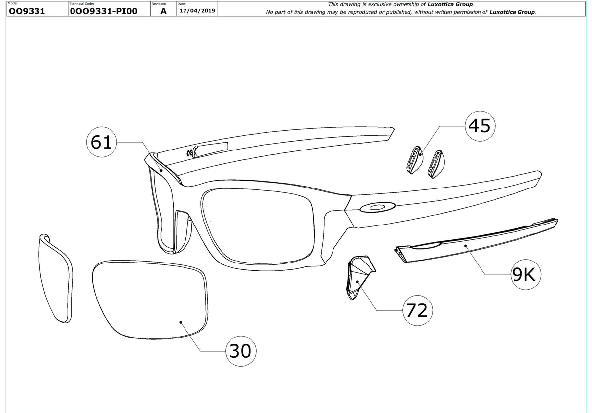 Exploded technical drawing of the Oakley Straightlink OO9331 Replacement Parts, with each replacement part numbered