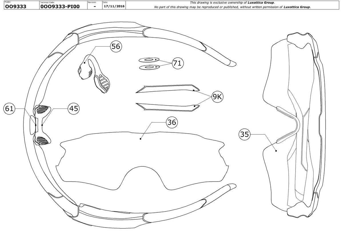 Exploded technical drawing of the Oakley Radar Pace OO9333 Replacement Parts, with each replacement part numbered