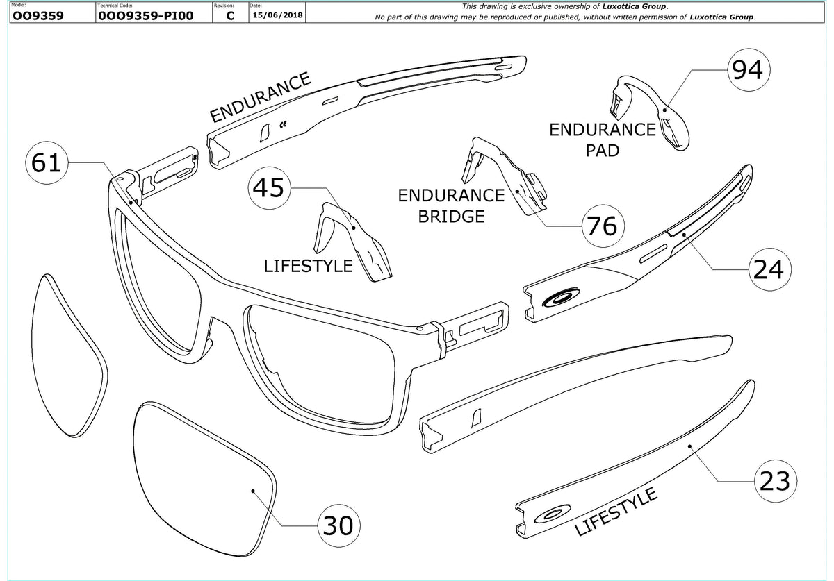 Enlarged technical drawing of the Oakley Crossrange R OO9359 Replacement Parts