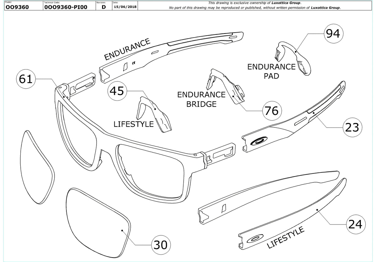 Enlarged technical drawing of the Oakley Crossrange XL OO9360 Replacement Parts