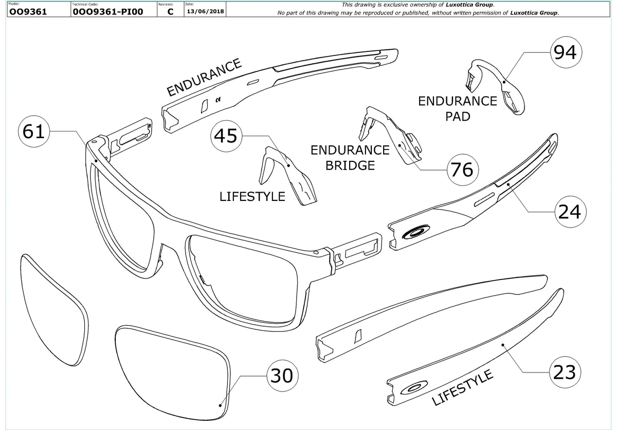 Exploded technical drawing of the Oakley Crossrange OO9361 Replacement Parts, with each replacement part numbered