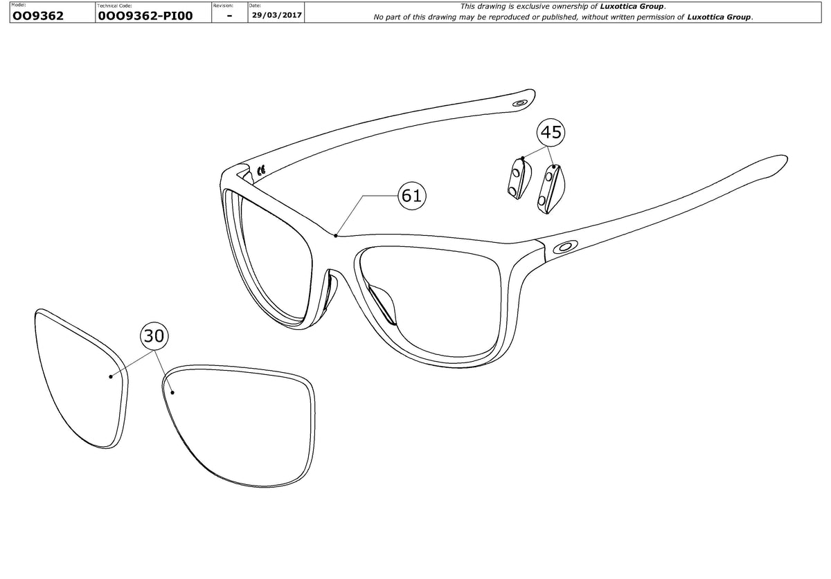 Exploded technical drawing of the Oakley Reverie OO9362 Replacement Parts, with each replacement part numbered