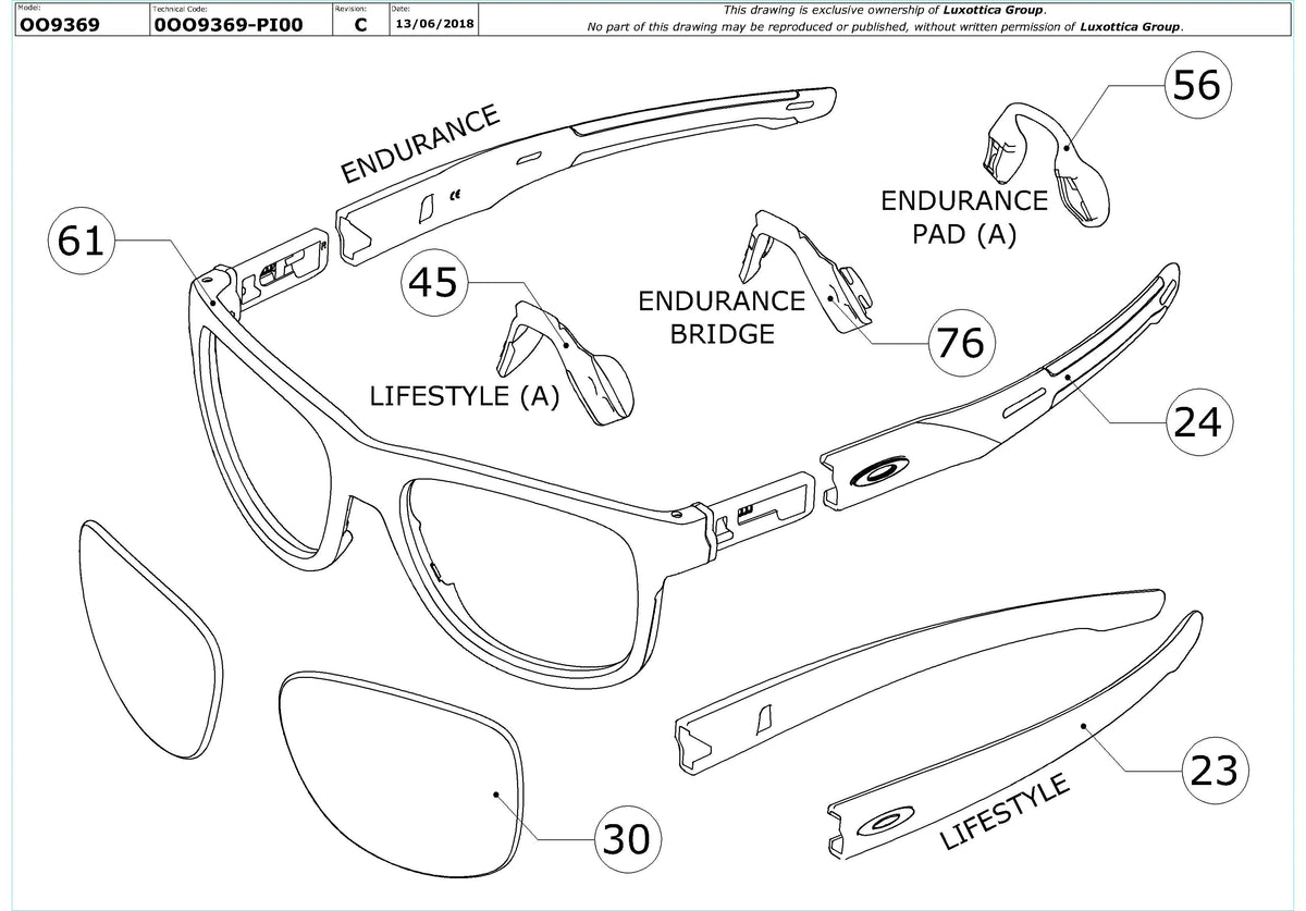 Exploded technical drawing of the Oakley Crossrange R (A) OO9369 Replacement Parts, with each replacement part numbered