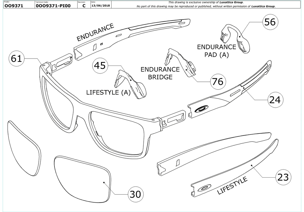 Enlarged technical drawing of the Oakley Crossrange (A) OO9371 Replacement Parts