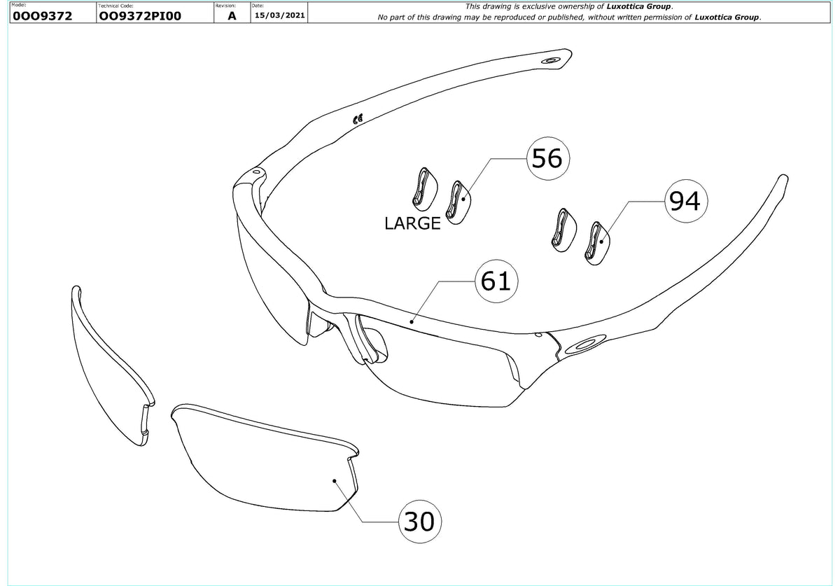 Exploded technical drawing of the Oakley Flak Beta (A) OO9372 Replacement Parts, with each replacement part numbered