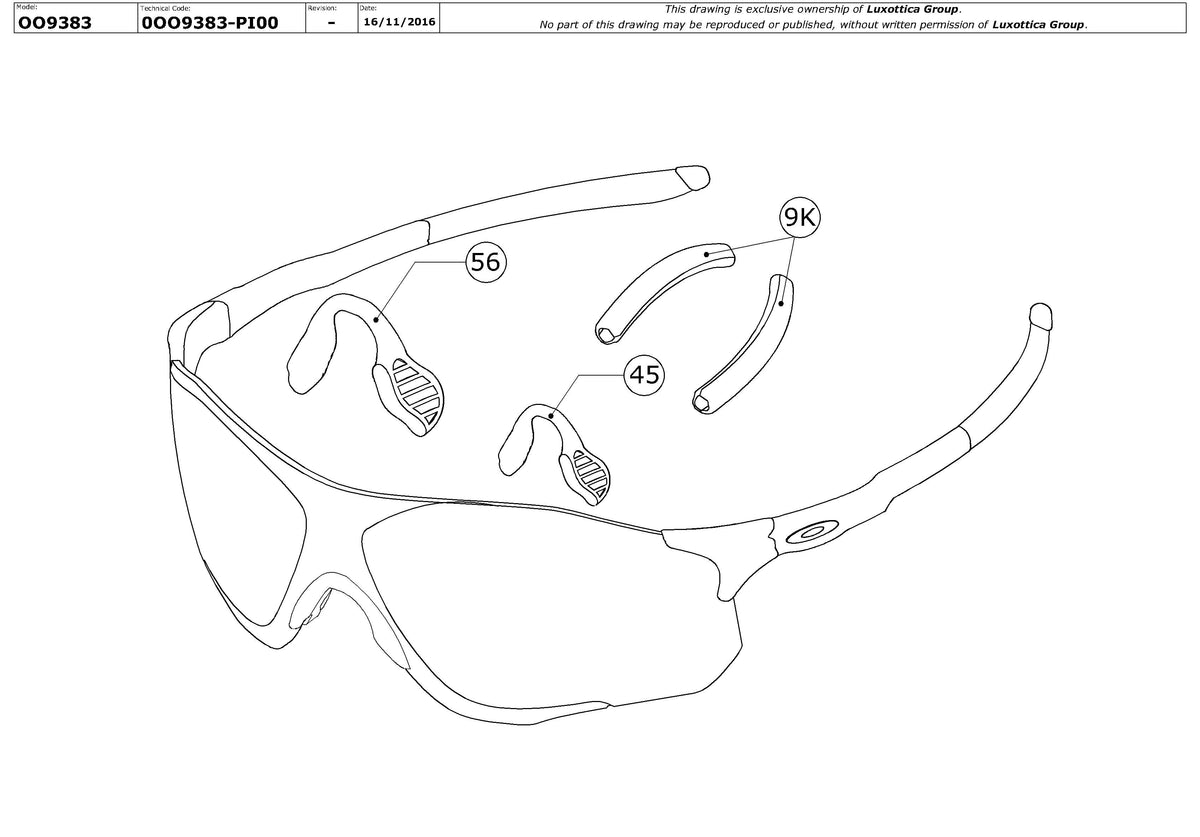 Exploded technical drawing of the Oakley Evzero Pitch OO9383 Replacement Parts, with each replacement part numbered