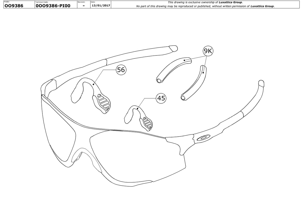 Exploded technical drawing of the Oakley Evzero Stride OO9386 Replacement Parts, with each replacement part numbered