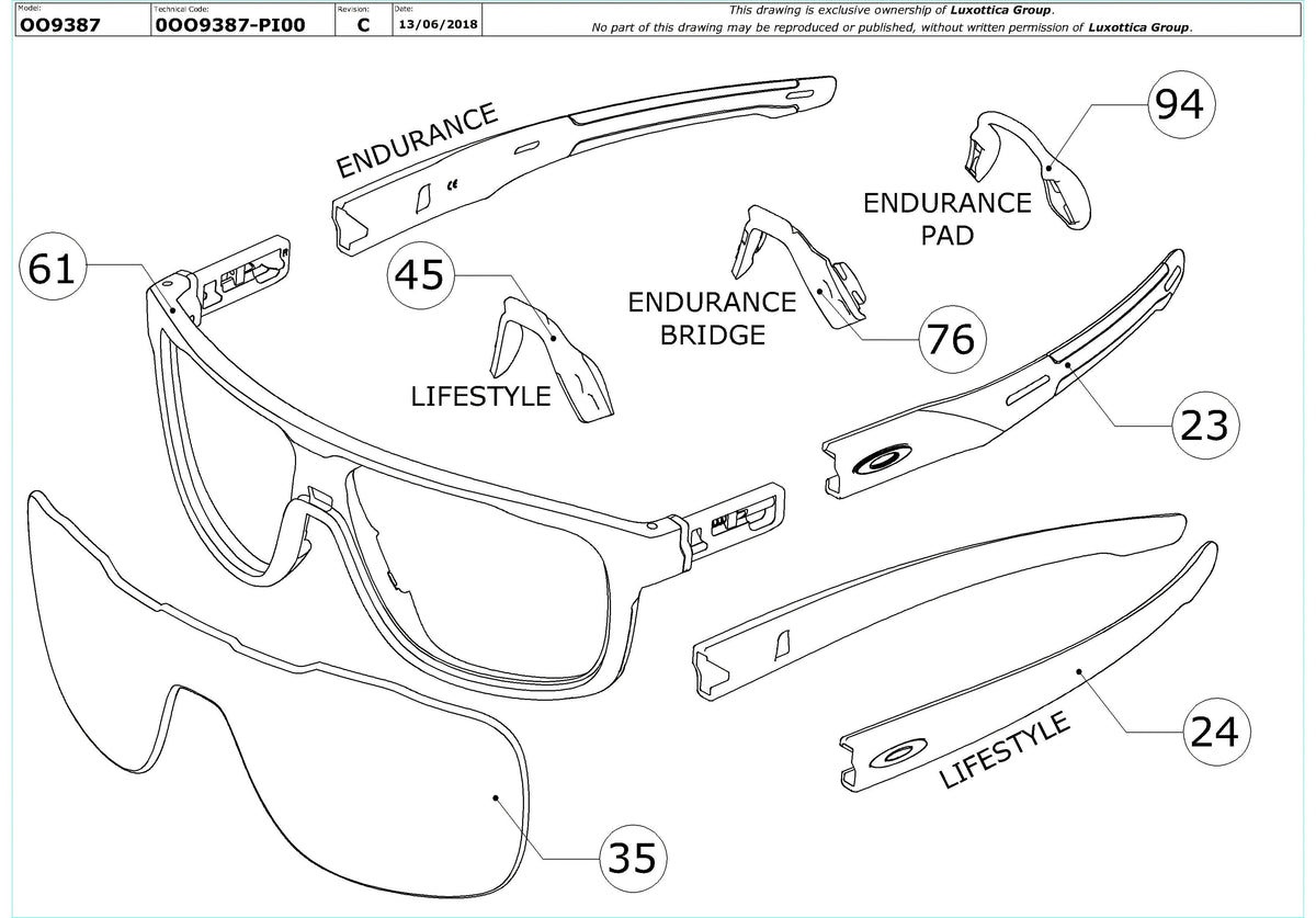 Enlarged technical drawing of the Oakley Crossrange Shield OO9387 Replacement Parts