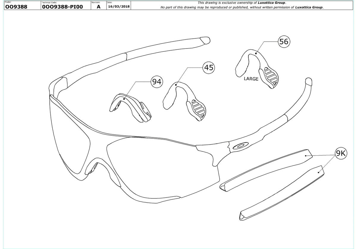Enlarged technical drawing of the Oakley Evzero Pitch (A) OO9388 Replacement Parts