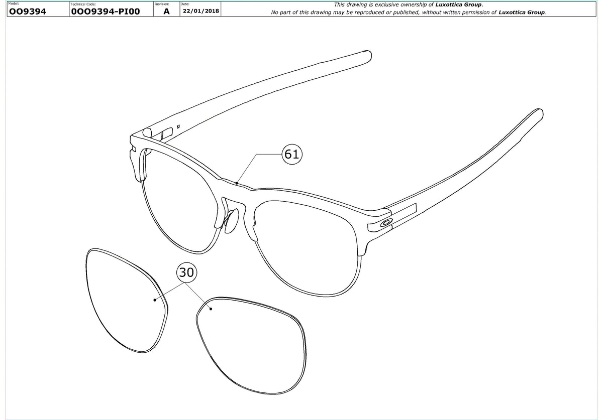 Enlarged technical drawing of the Oakley Latch Key OO9394 Replacement Parts