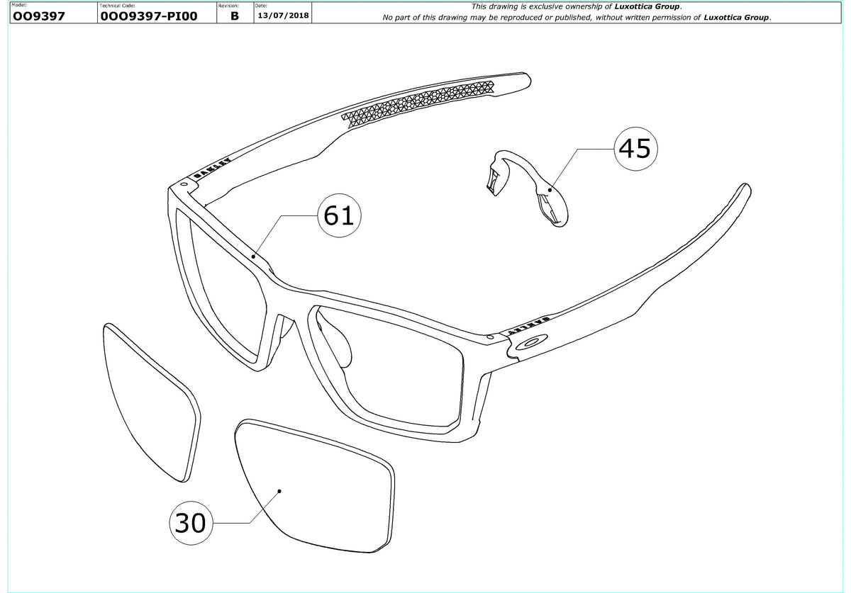 Exploded technical drawing of the Oakley Targetline OO9397 Replacement Parts, with each replacement part numbered