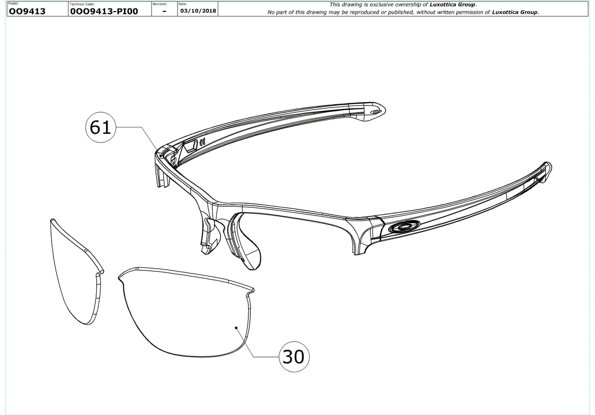 Enlarged technical drawing of the Oakley Sliver Edge OO9413 Replacement Parts