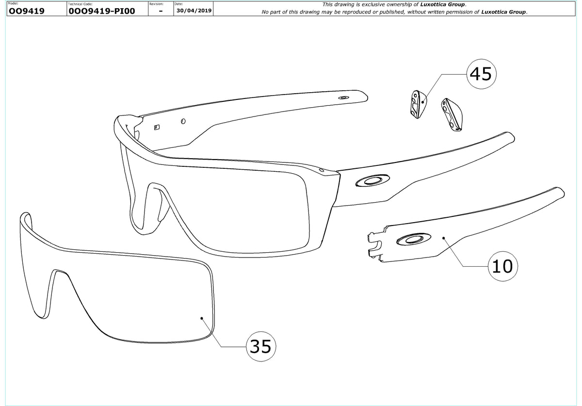 Exploded technical drawing of the Oakley Ridgeline OO9419 Replacement Parts, with each replacement part numbered