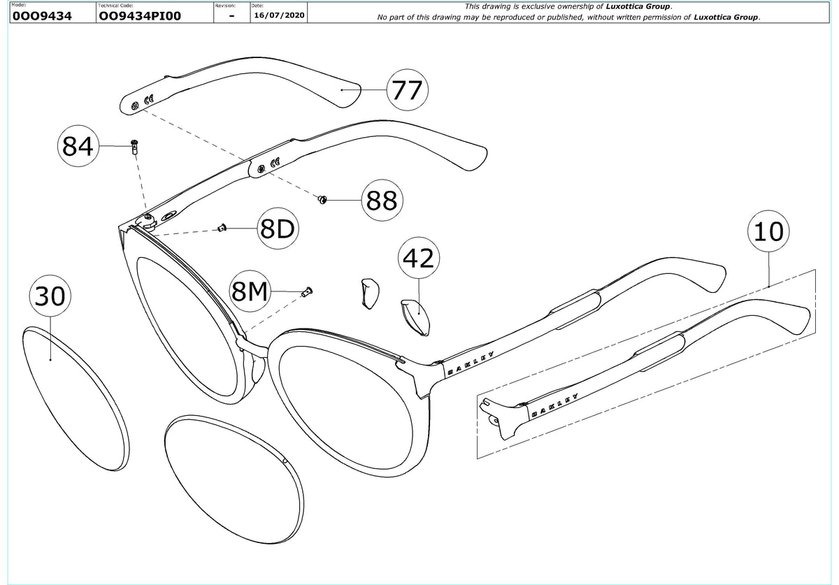 Exploded technical drawing of the Oakley Top Knot OO9434 Replacement Parts, with each replacement part numbered