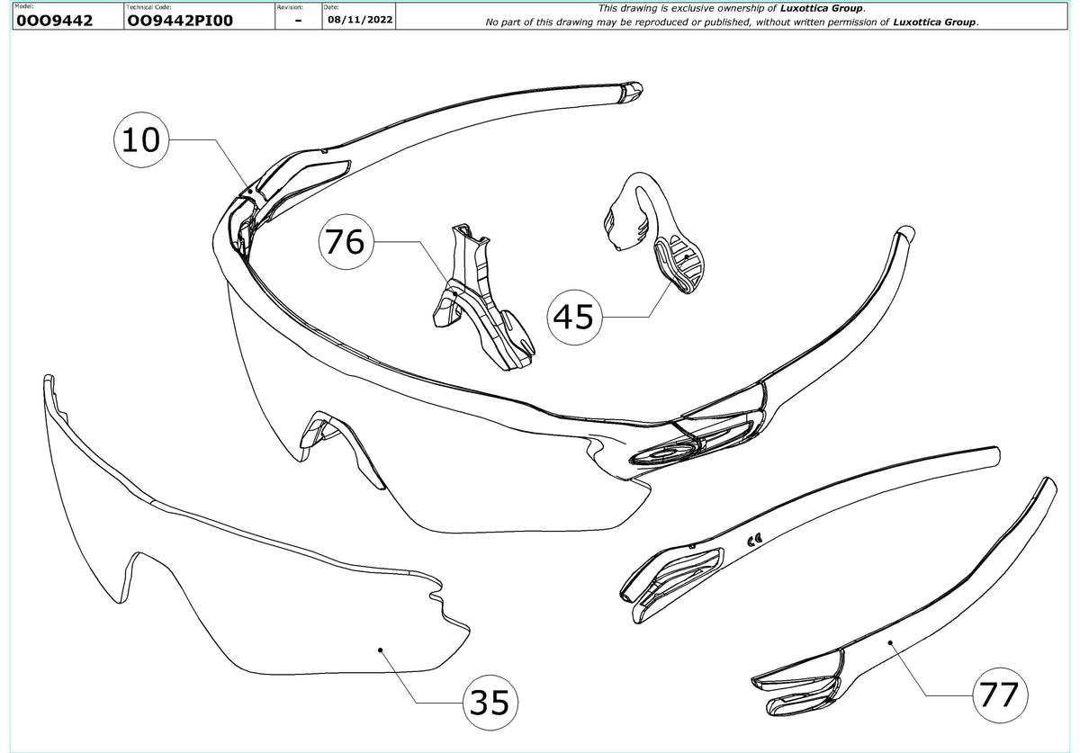 Exploded technical drawing of the Oakley Radar EV Advancer OO9442 Replacement Parts, with each replacement part numbered