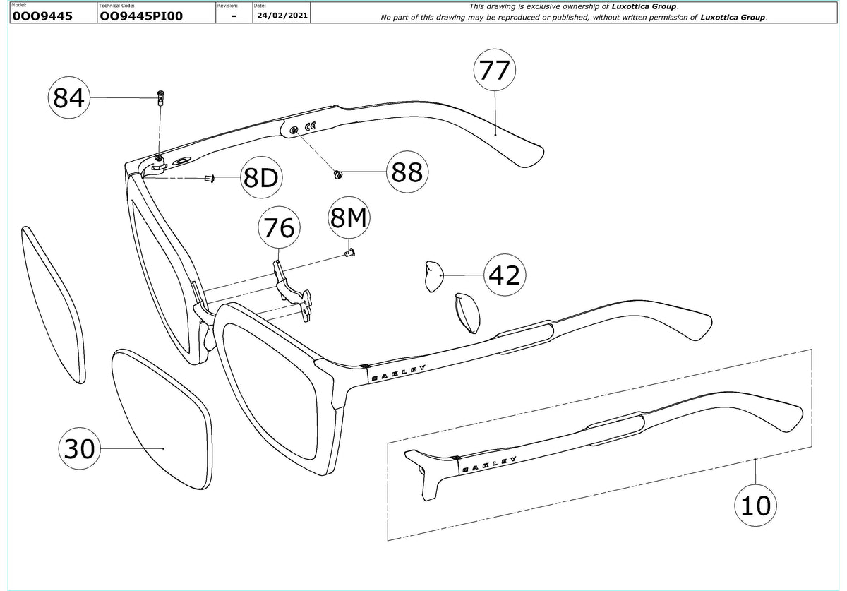 Exploded technical drawing of the Oakley Sideswept OO9445 Replacement Parts, with each replacement part numbered