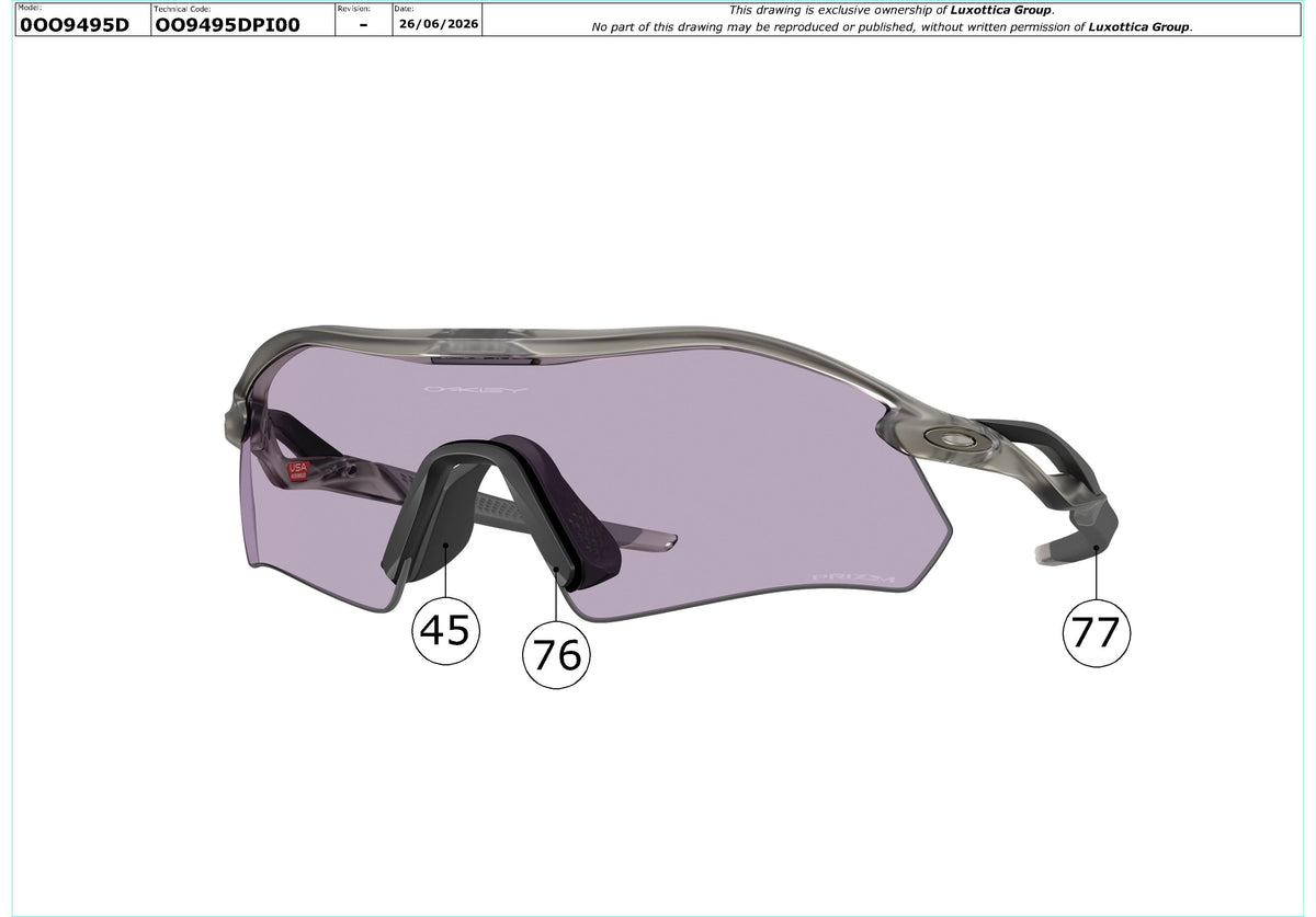 Exploded technical drawing of the Oakley Radar Plate Replacement Parts, with each replacement part numbered