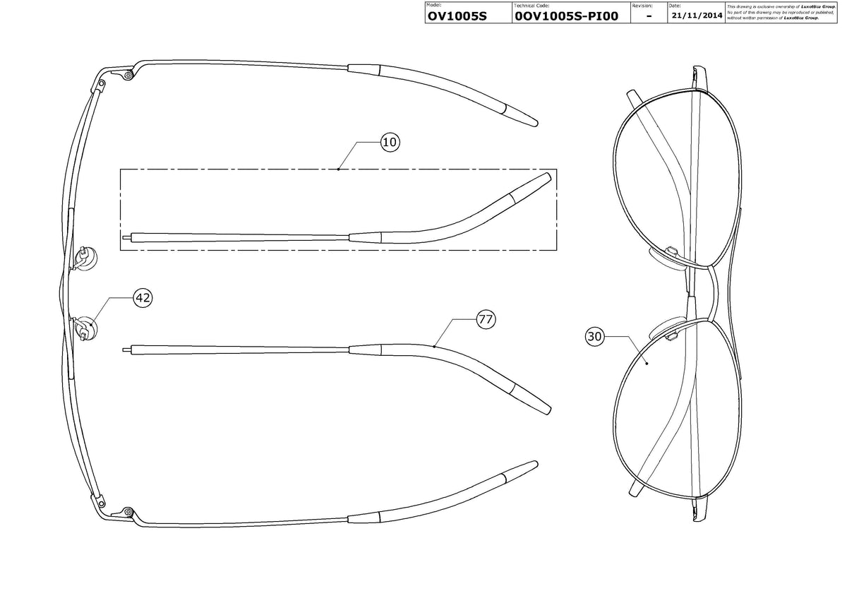 Enlarged technical drawing of the Oliver Peoples Aero Sun OV1005S Replacement Parts