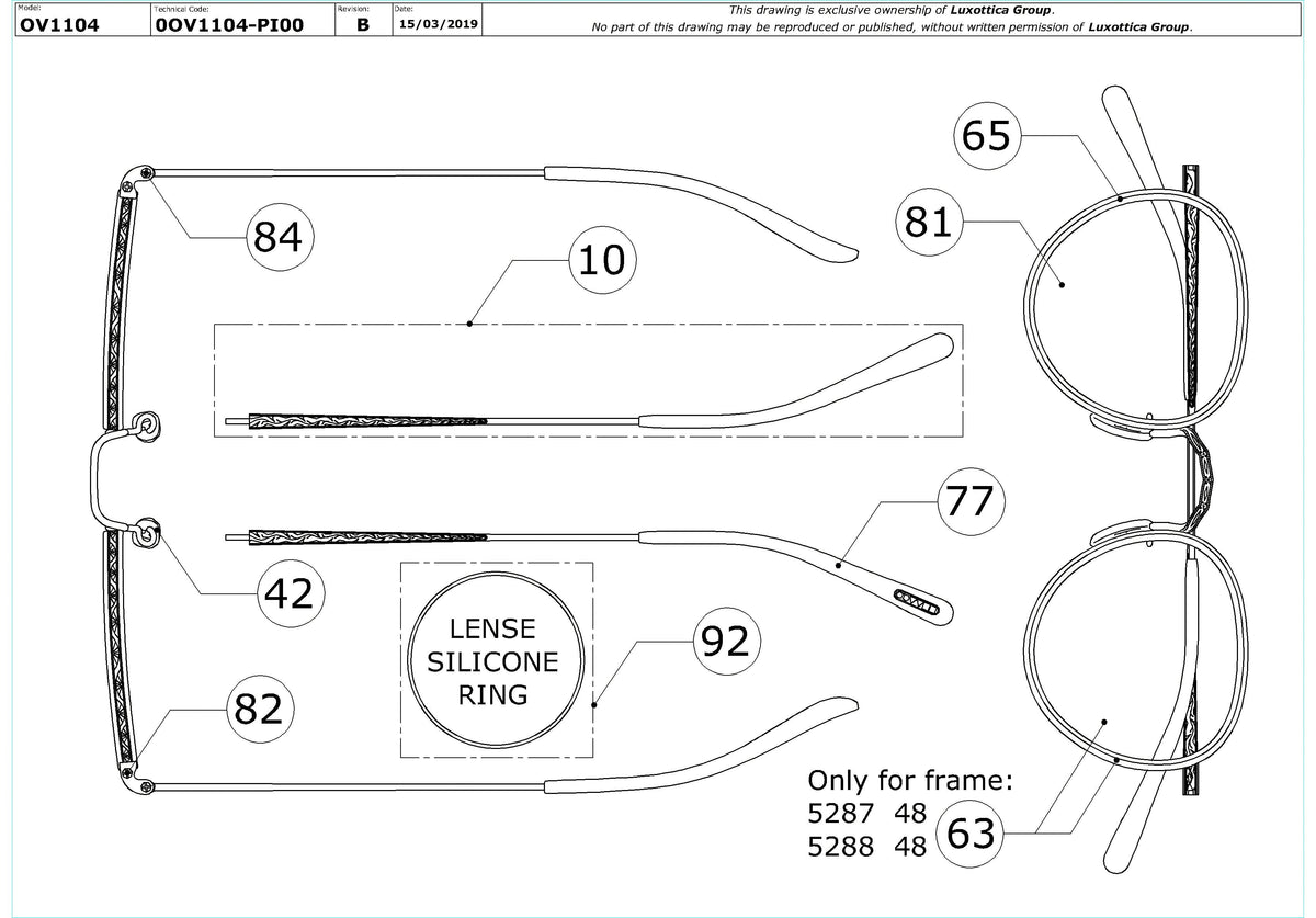 Exploded technical drawing of the Oliver Peoples MP-2 OV1104 Glasses Replacement Parts, with each replacement part numbered