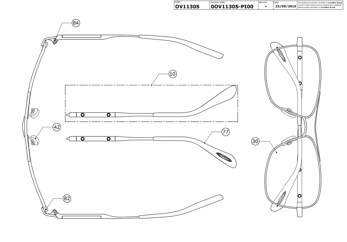 Exploded technical drawing of the Oliver Peoples Sanford OV1130S Replacement Parts, with each replacement part numbered
