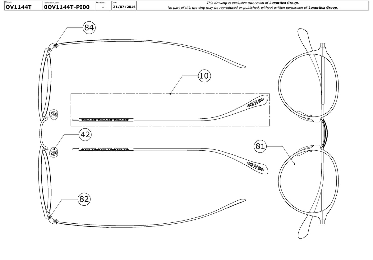 Exploded technical drawing of the Oliver Peoples Dawson OV1144T Glasses Replacement Parts, with each replacement part numbered
