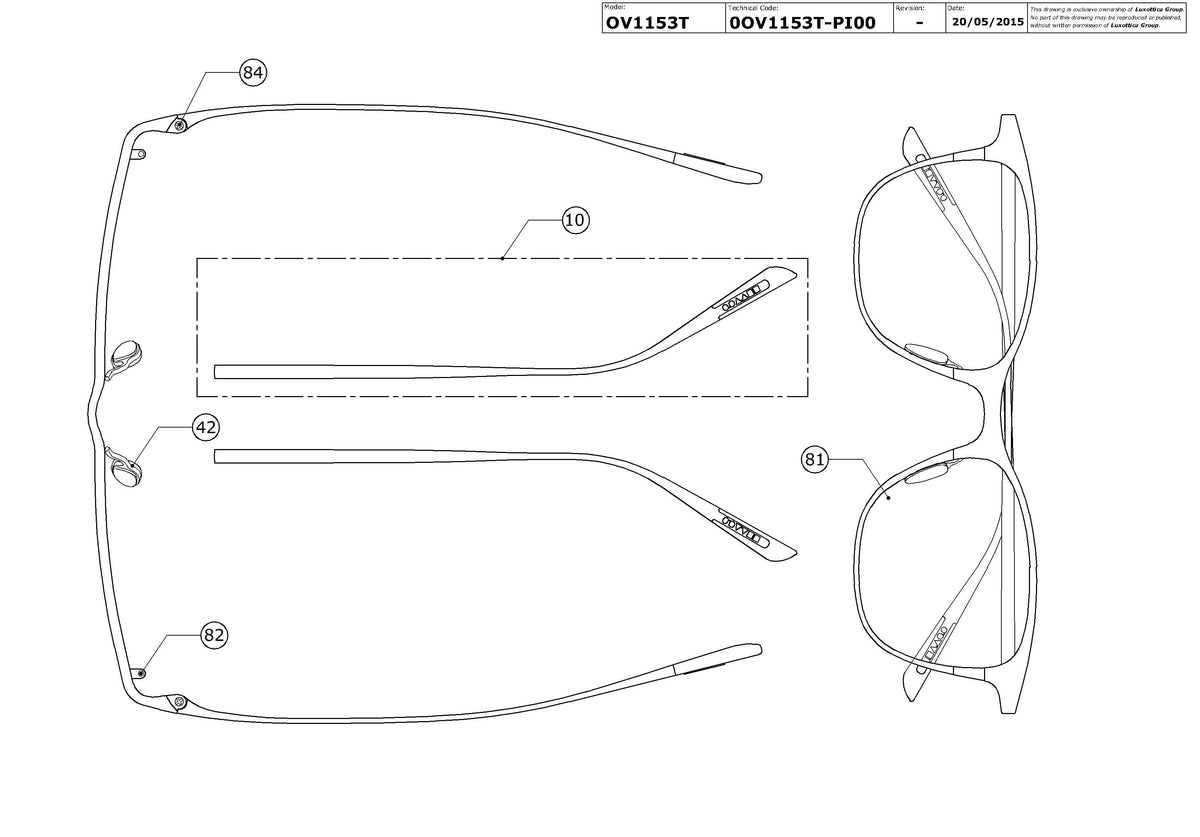 Exploded technical drawing of the Oliver Peoples Abbe OV1153T Glasses Replacement Parts, with each replacement part numbered