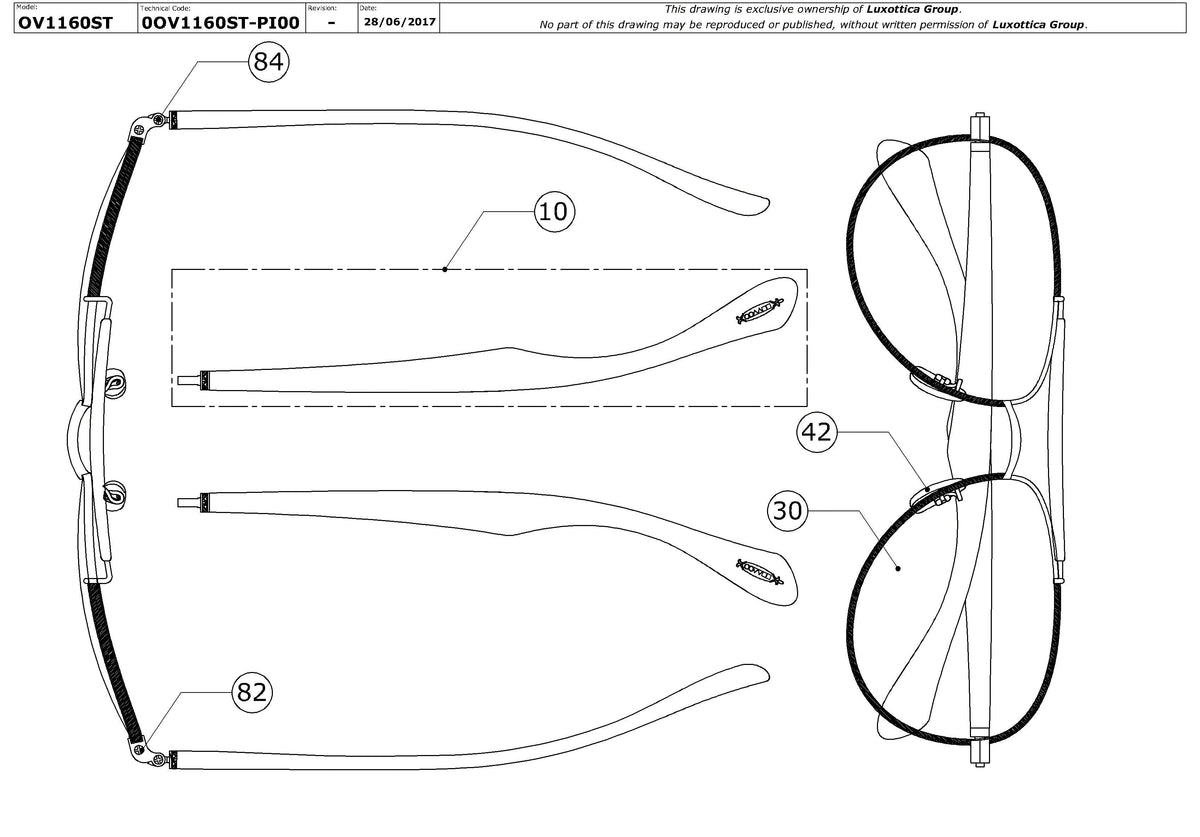Exploded technical drawing of the Oliver Peoples Charter OV1160ST Replacement Parts, with each replacement part numbered