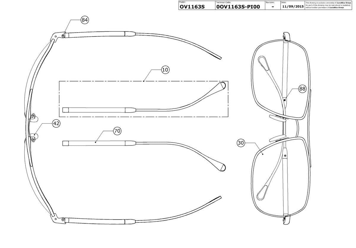 Enlarged technical drawing of the Oliver Peoples Bates OV1163S Replacement Parts