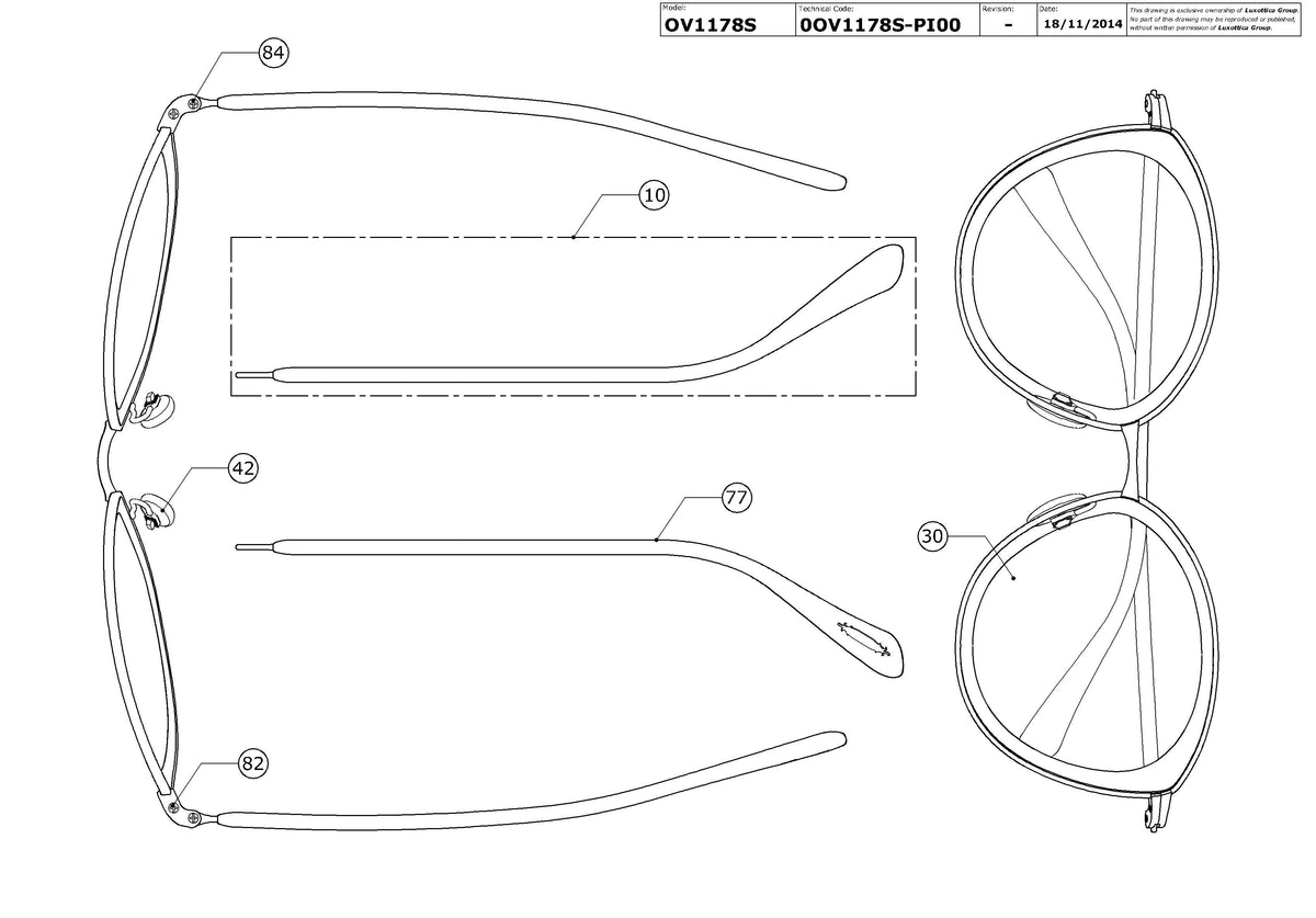 Exploded technical drawing of the Oliver Peoples Gwynne OV1178S Replacement Parts, with each replacement part numbered